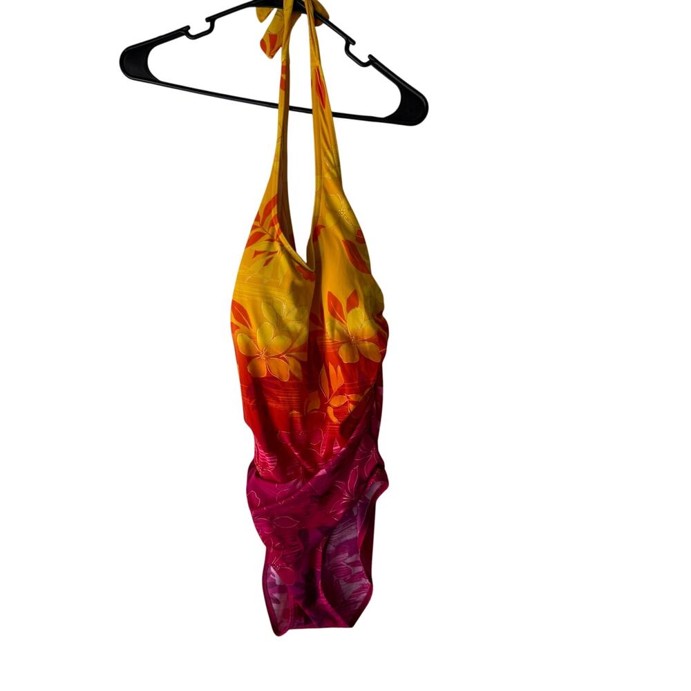 Islander Women’s Size 12 Ombré Pink Red Floral One Piece Open Back Swimming Suit